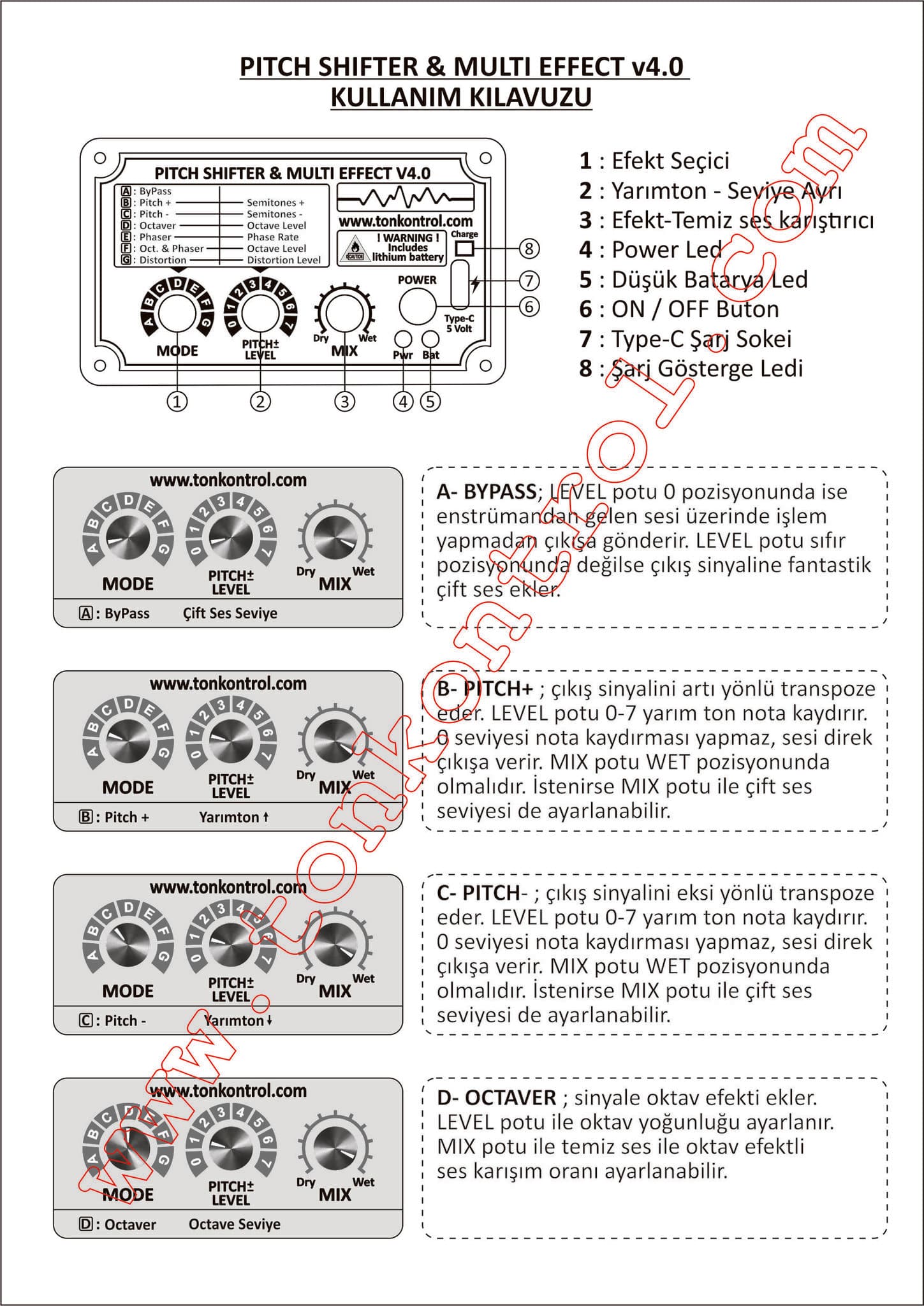 Pitch Shifter & Multi Effect v4.0 kullanım kılavuzu, sayfa 1: ön panel kontrolleri ve Bypass, Pitch+, Pitch- ve Octaver ayarları