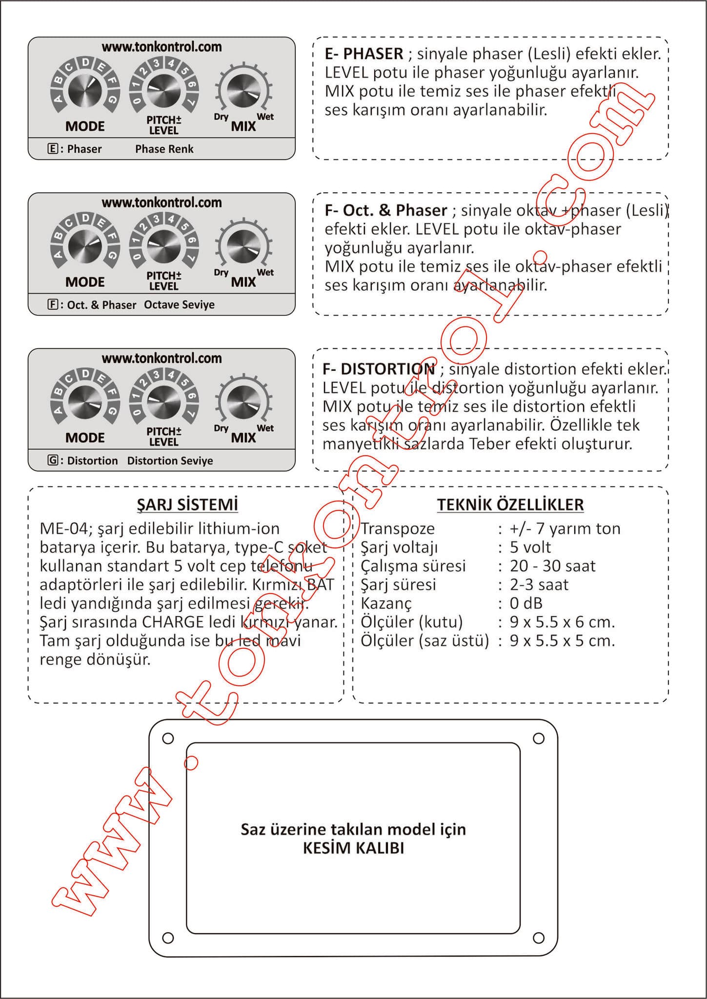 Pitch Shifter & Multi Effect v4.0 kullanım kılavuzu, sayfa 2: Phaser, Oct. & Phaser ve Distortion ayarları, şarj sistemi, teknik özellikler ve saz üstü model için kesim kalıbı