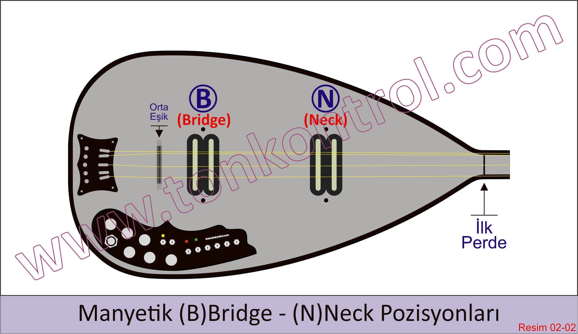 Θέσεις μαγνητών: ο μαγνήτης B (bridge) στην πλευρά του καβαλάρη, ο μαγνήτης N (neck) στην πλευρά του μπράτσου